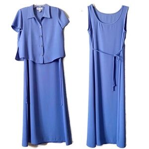Vintage A-Line ALGO Y2K Size 8Petite Blue Dress & Short Sleeve Shirt Jacket Set
